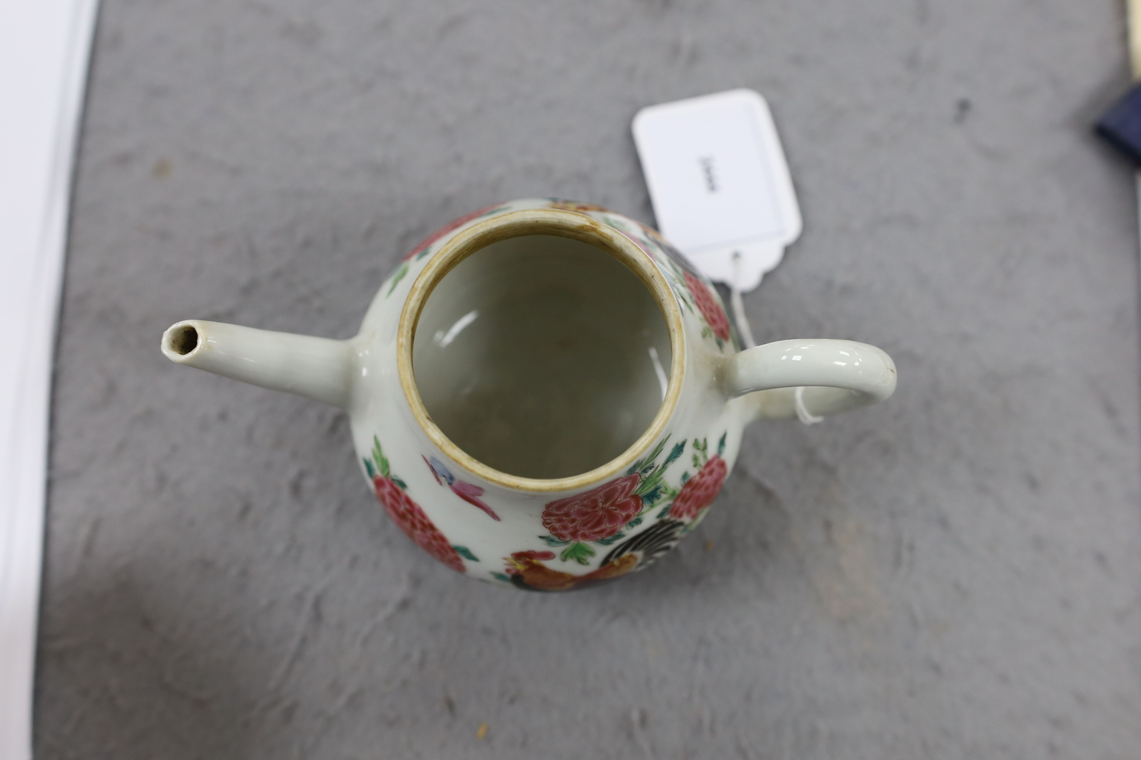 A Chinese famille rose ‘cockerel’ teapot, Yongzheng period, 12 cms high, 11.5cm high